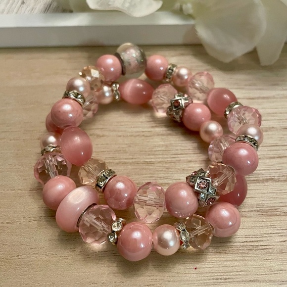 Pink Set of 2 gemstone, crystal, cz and silver accents Gift, boxed gift, stretch - Picture 1 of 8